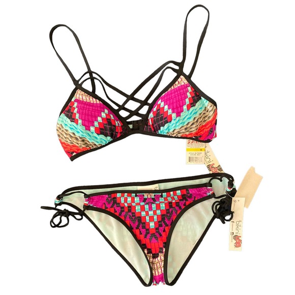 The Bikini Lab Other - The Bikini Lab Aztec/Tribal Style Boho Strap Front Bikini Black/Teal/Pink Size M